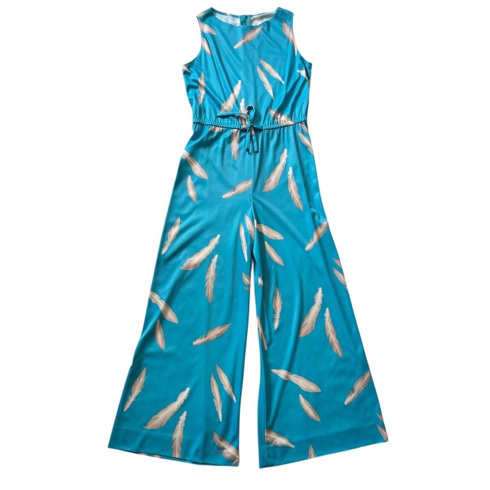 Vintage 70s/80s jumpsuit, blue with gray feather print